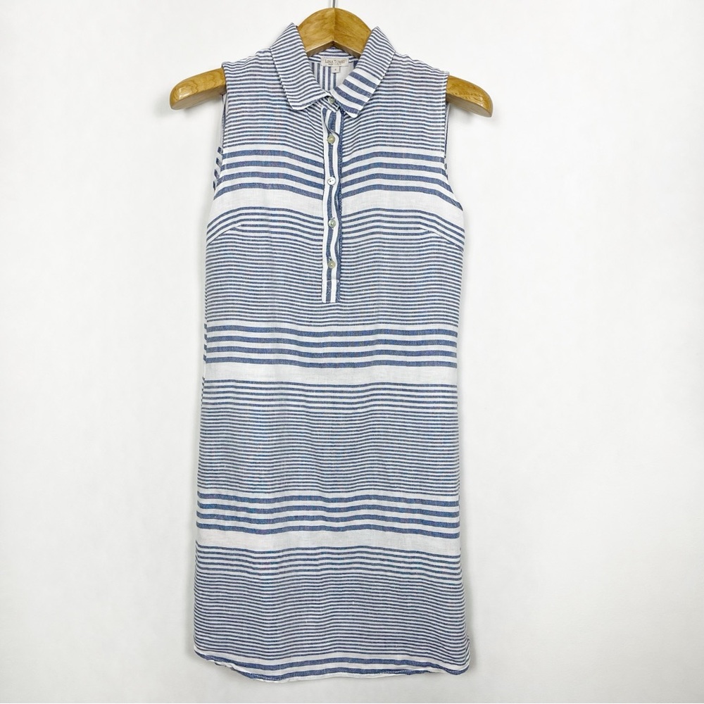 Lina Tomei‎ Blue and White Linen Striped Sleeveless Polo Midi Dress Size Small